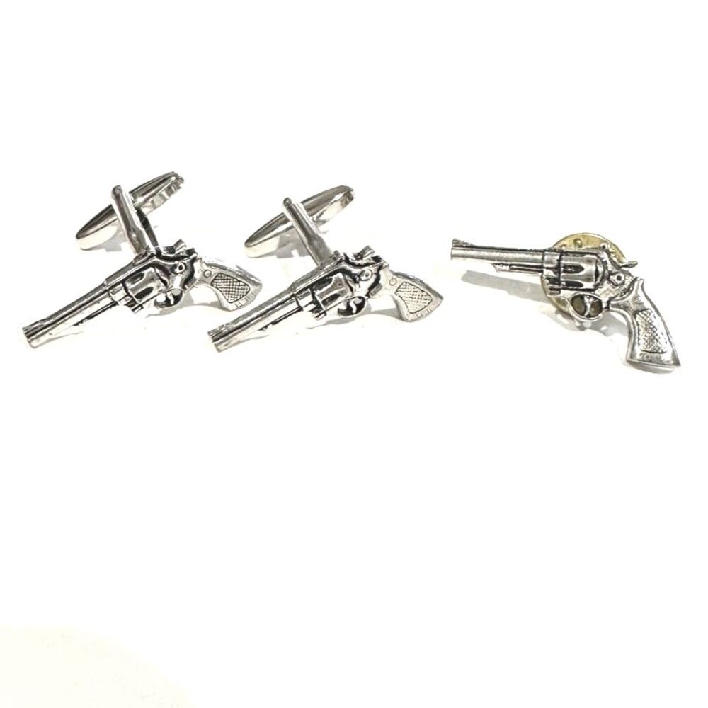 Pewter ^ Shooter Revolver Cufflinks & Matching Lapel Pin — 3-Piece Set